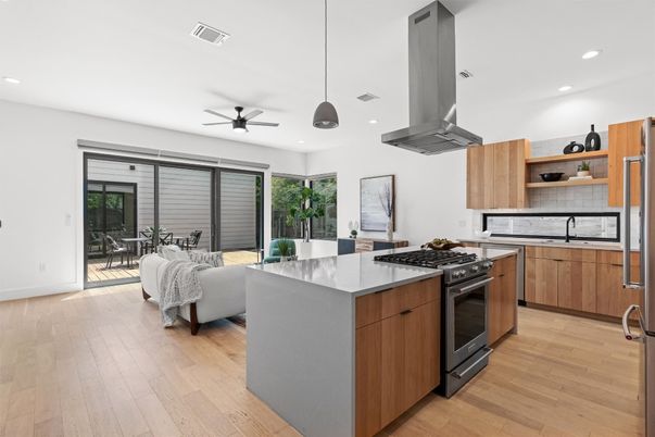 Dining room, Interior, Kitchen, Living room, Pendant Lights, Recessed Lighting, Stainless Steel Appliances, Wood Texture Flooring
