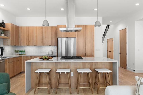 Interior, Kitchen, Pendant Lights, Recessed Lighting, Stainless Steel Appliances, Wood Texture Flooring