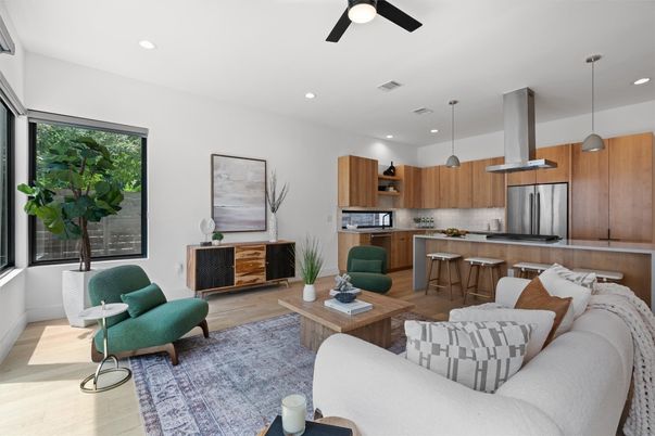 Interior, Kitchen, Living room, Pendant Lights, Recessed Lighting, Stainless Steel Appliances, Wood Texture Flooring