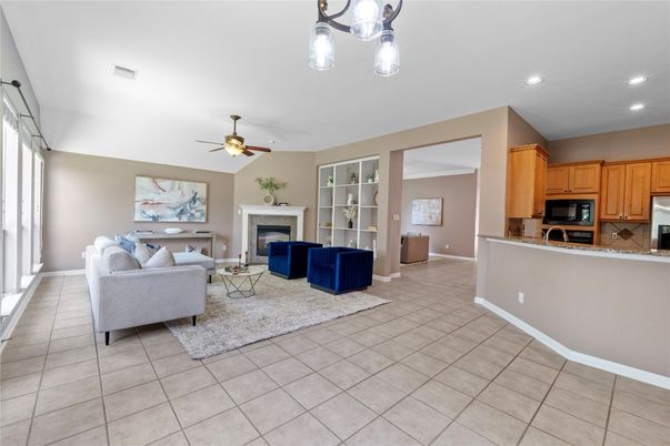 Fireplace, Interior, Kitchen, Living room, Recessed Lighting