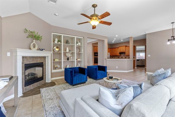 Fireplace, Interior, Kitchen, Living room, Pendant Lights, Recessed Lighting