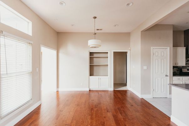 Empty room, Interior, Pendant Lights, Recessed Lighting, Wood Texture Flooring