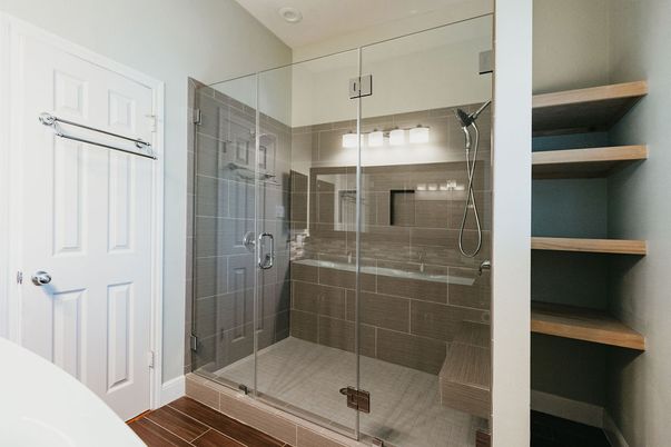 Bathroom, Glass Shower, Interior, Recessed Lighting, Wood Texture Flooring