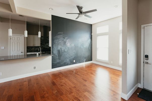 Empty room, Interior, Kitchen, Pendant Lights, Recessed Lighting, Wood Texture Flooring