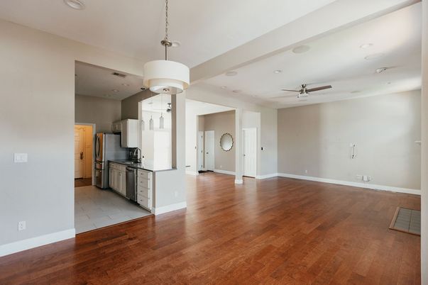 Empty room, Interior, Kitchen, Pendant Lights, Recessed Lighting, Wood Texture Flooring