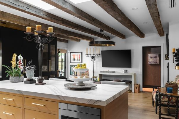 Chandelier, Interior, Kitchen, Pendant Lights, Recessed Lighting, Wooden Beams, Wood Texture Flooring