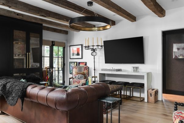 Interior, Living room, Pendant Lights, Wooden Beams, Wood Texture Flooring