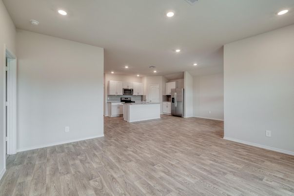 Empty room, Interior, Kitchen, Recessed Lighting, Wood Texture Flooring