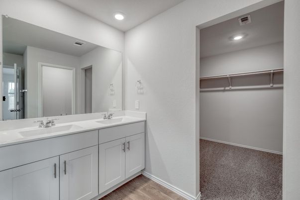 Bathroom, Dual Sink Vanities, Interior, Recessed Lighting, Walk-in Closets, Wood Texture Flooring