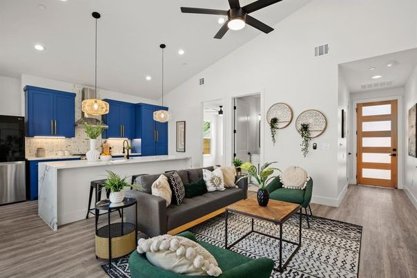 Interior, Kitchen, Living room, Pendant Lights, Recessed Lighting, Wood Texture Flooring