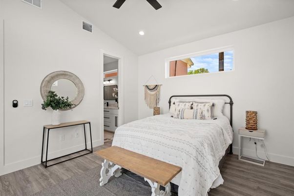 Bedroom, Interior, Recessed Lighting, Wood Texture Flooring