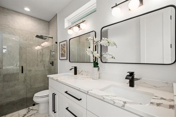 Bathroom, Dual Sink Vanities, Glass Shower, Interior, Marble, Recessed Lighting