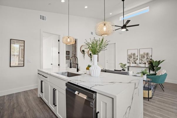 Interior, Kitchen, Pendant Lights, Recessed Lighting, Stainless Steel Appliances, Wood Texture Flooring