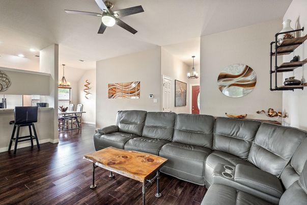 Dining room, Interior, Living room, Pendant Lights, Recessed Lighting, Wood Texture Flooring