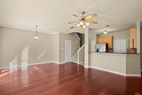 Empty room, Interior, Kitchen, Pendant Lights, Wood Texture Flooring