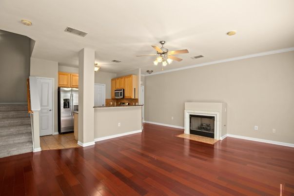 Empty room, Fireplace, Interior, Kitchen, Wood Texture Flooring