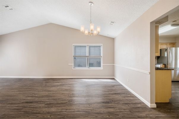 Chandelier, Empty room, Interior, Kitchen, Stainless Steel Appliances, Wood Texture Flooring