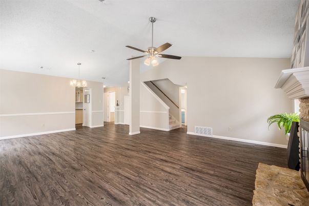 Chandelier, Empty room, Fireplace, Interior, Wood Texture Flooring