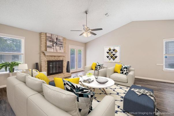 Fireplace, Interior, Living room, Stone Walls, Wood Texture Flooring