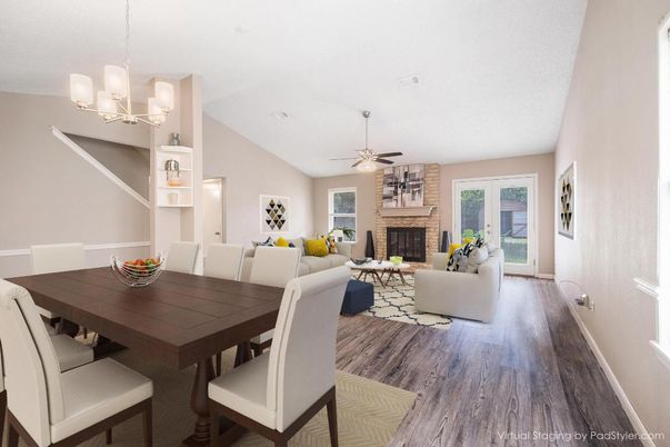 Chandelier, Dining room, Fireplace, Interior, Living room, Wood Texture Flooring