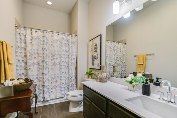 Bathroom, Dual Sink Vanities, Interior, Recessed Lighting, Wood Texture Flooring