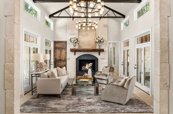 Fireplace, Interior, Living room, Pendant Lights, Stone Walls, Wooden Beams