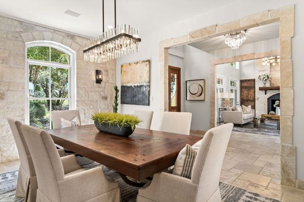 Chandelier, Dining room, Fireplace, Interior, Living room, Pendant Lights, Stone Walls
