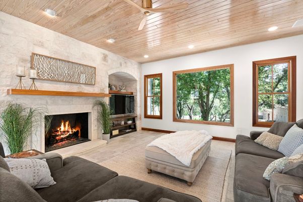 Fireplace, Interior, Living room, Recessed Lighting, Stone Walls, Wooden Ceilings