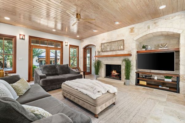 Fireplace, Interior, Living room, Recessed Lighting, Stone Walls, Wooden Ceilings