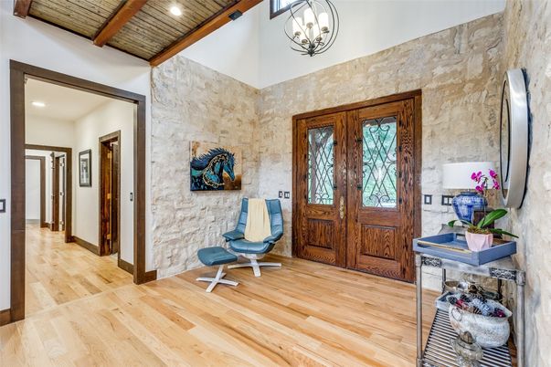 Interior, Pendant Lights, Recessed Lighting, Stone Walls, Wooden Beams, Wood Texture Flooring