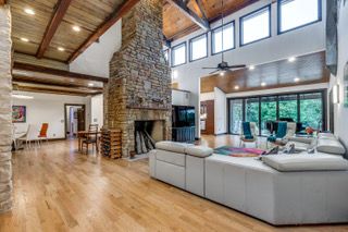 Fireplace, Interior, Living room, Recessed Lighting, Stone Walls, Wooden Beams, Wooden Ceilings, Wood Texture Flooring