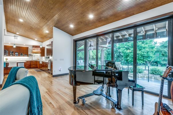 Fitness Equipment, Interior, Kitchen, Pendant Lights, Recessed Lighting, Wooden Ceilings, Wood Texture Flooring