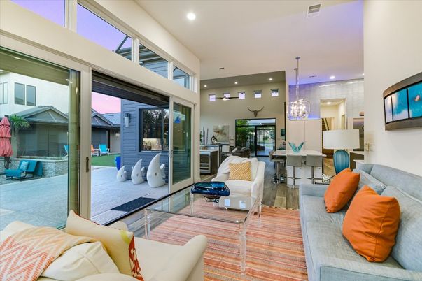 Dining room, Interior, Living room, Pendant Lights, Recessed Lighting, Wood Texture Flooring