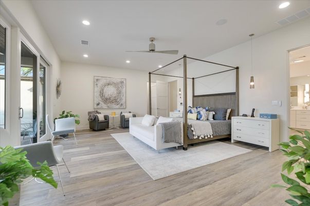 Bedroom, Interior, Pendant Lights, Recessed Lighting, Wood Texture Flooring