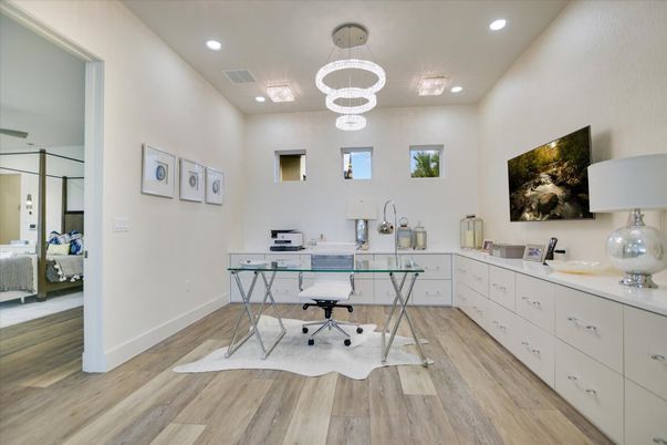 Home Office, Interior, Pendant Lights, Recessed Lighting, Wood Texture Flooring