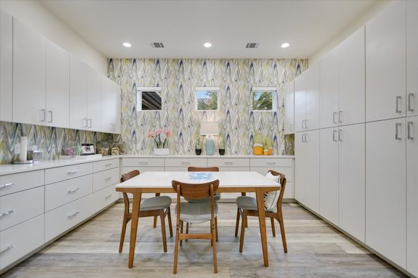 Dining room, Interior, Recessed Lighting, Wood Texture Flooring
