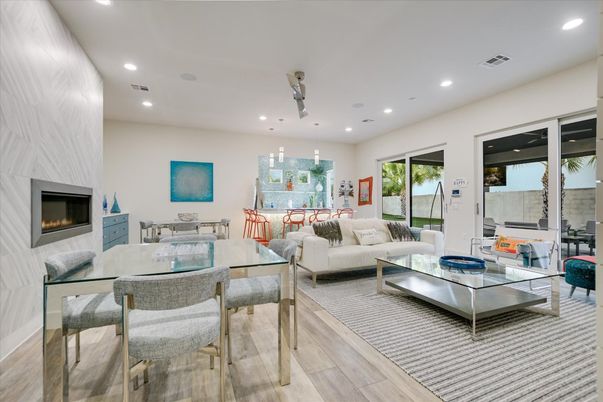 Dining room, Fireplace, Interior, Living room, Pendant Lights, Recessed Lighting, Wood Texture Flooring