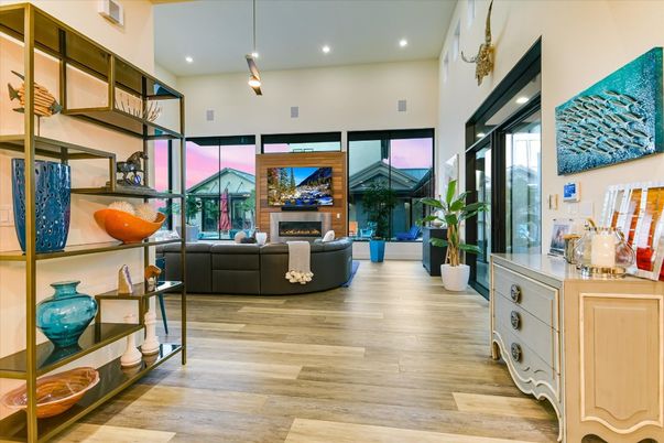 Fireplace, Interior, Living room, Pendant Lights, Recessed Lighting, Wood Texture Flooring