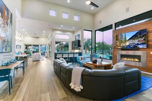 Dining room, Fireplace, Interior, Living room, Pendant Lights, Recessed Lighting, Wood Texture Flooring