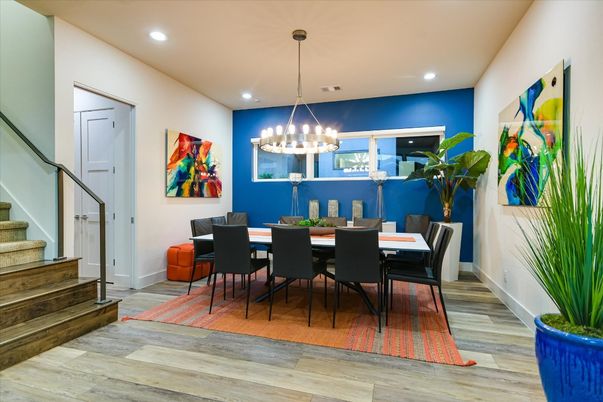Chandelier, Dining room, Interior, Pendant Lights, Recessed Lighting, Wood Texture Flooring