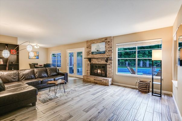 Fireplace, Interior, Living room, Stone Walls, Wood Texture Flooring