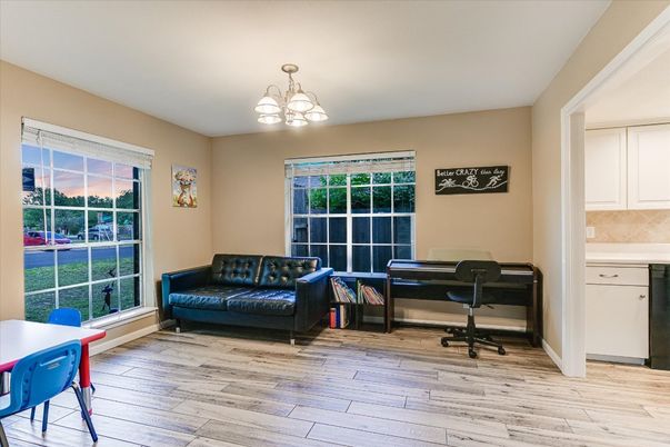 Chandelier, Home Office, Interior, Wood Texture Flooring