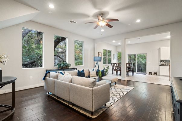 Dining room, Interior, Living room, Recessed Lighting, Wood Texture Flooring