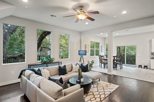 Dining room, Interior, Living room, Recessed Lighting, Wood Texture Flooring