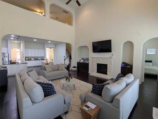Fireplace, Interior, Kitchen, Living room, Pendant Lights, Recessed Lighting, Wood Texture Flooring