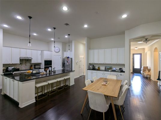 Dining room, Interior, Kitchen, Pendant Lights, Recessed Lighting, Wood Texture Flooring