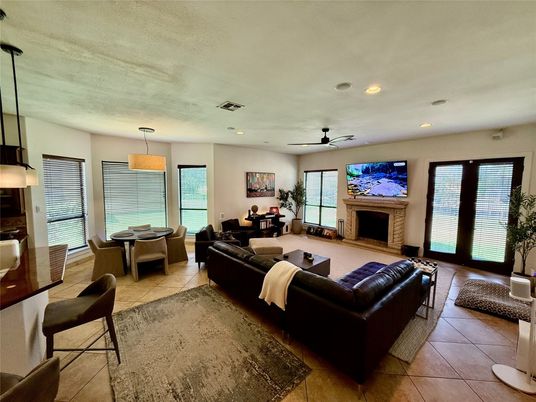Dining room, Fireplace, Interior, Living room, Pendant Lights, Recessed Lighting