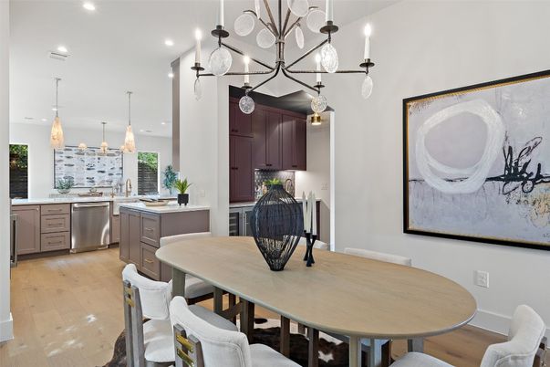 Dining room, Interior, Kitchen, Pendant Lights, Recessed Lighting, Stainless Steel Appliances, Wood Texture Flooring
