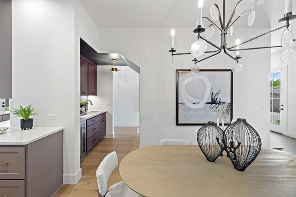 Dining room, Interior, Pendant Lights, Wood Texture Flooring