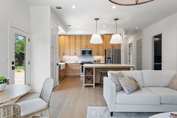 Interior, Kitchen, Living room, Pendant Lights, Recessed Lighting, Stainless Steel Appliances, Wood Texture Flooring